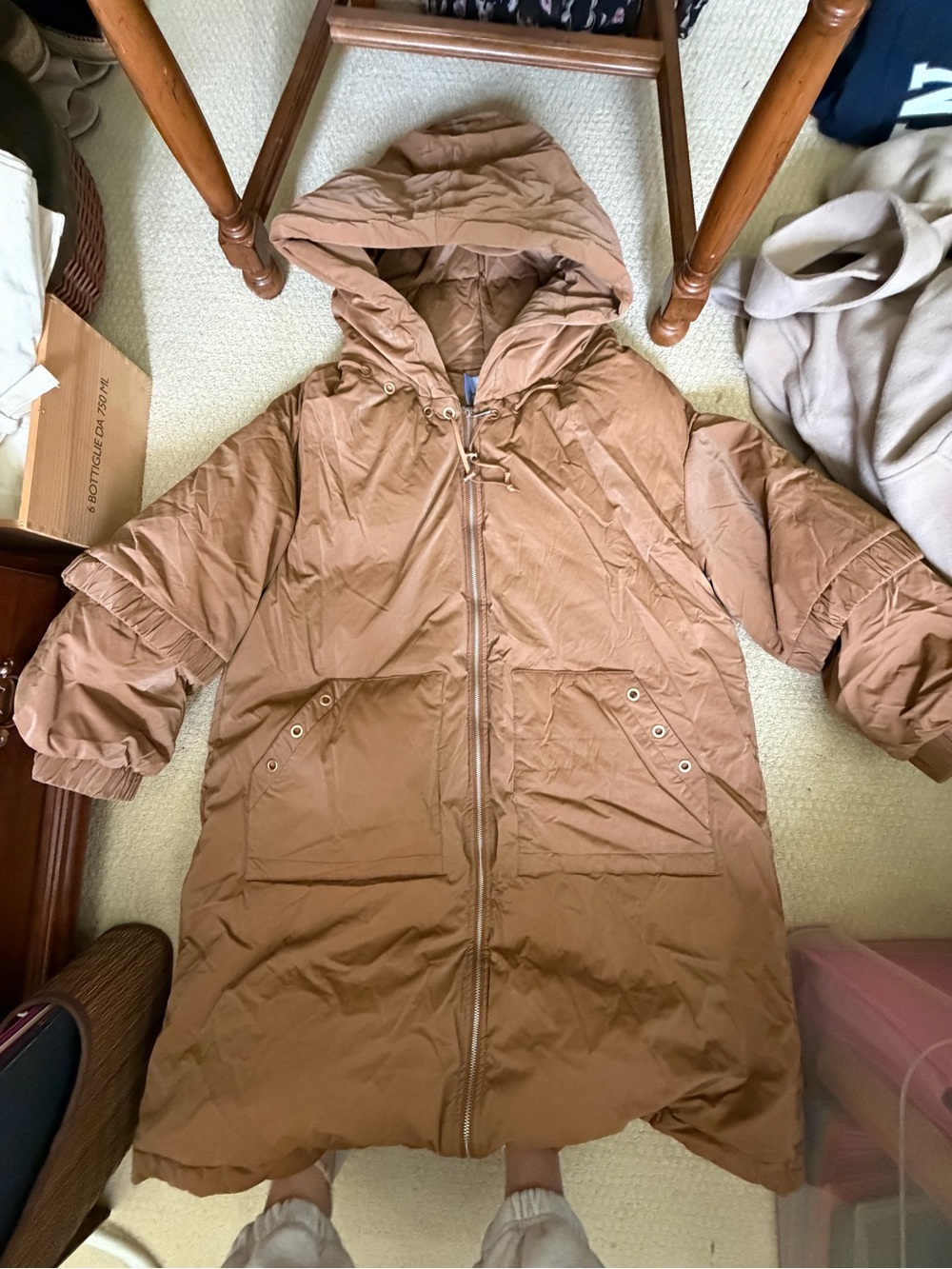 Women's Hooded Brown Puffer Coat with Front Zip